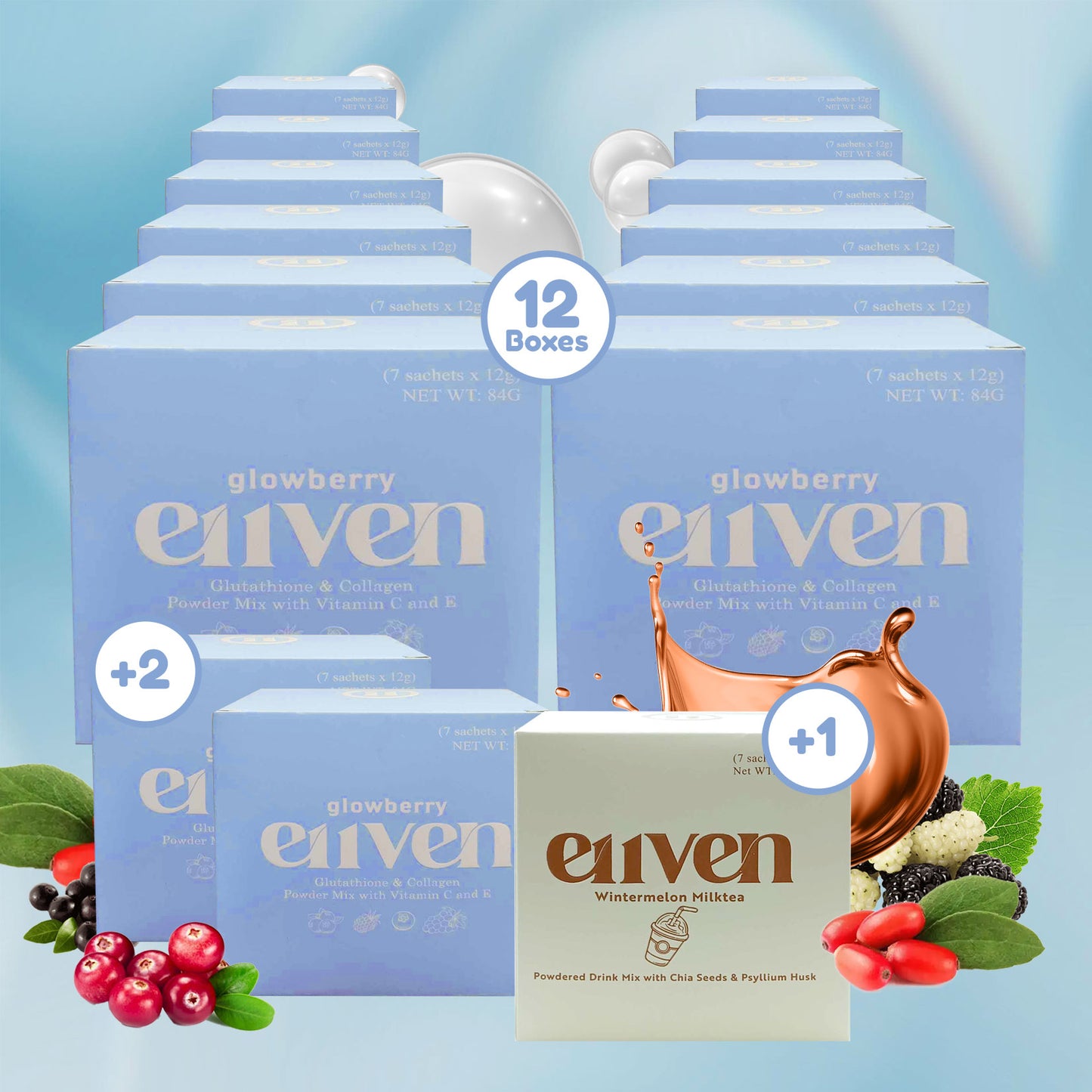 E11VEN Glowberry - Beauty Drink with Berry Extracts, Collagen, Opitacยญโข Glutathione. Vitamins and Minerals - 7 Sachets | 12,000mg/sachet