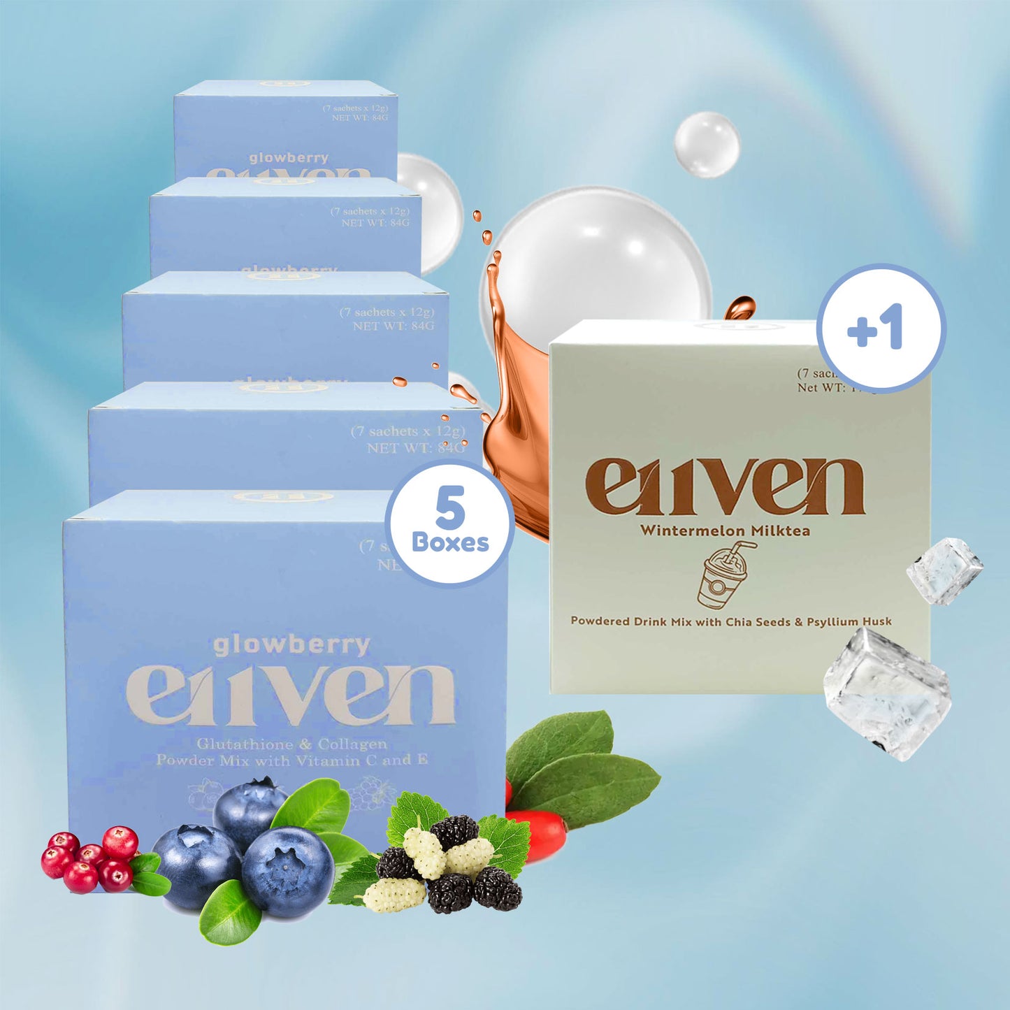 E11VEN Glowberry - Beauty Drink with Berry Extracts, Collagen, Opitacยญโข Glutathione. Vitamins and Minerals - 7 Sachets | 12,000mg/sachet