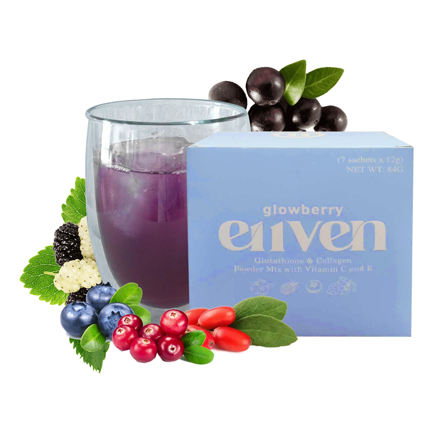 E11VEN Glowberry - Beauty Drink with Berry Extracts, Collagen, Opitacยญโข Glutathione. Vitamins and Minerals - 7 Sachets | 12,000mg/sachet