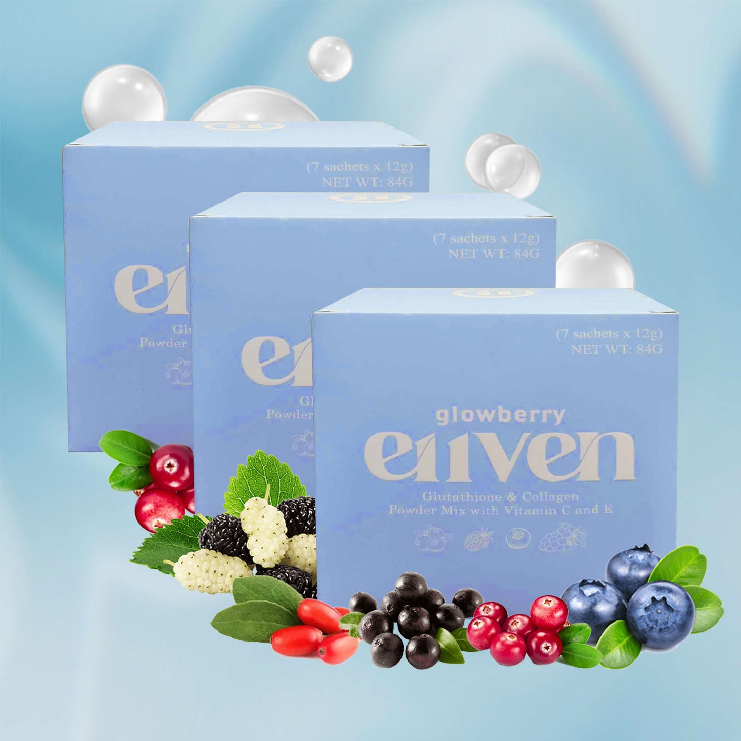 E11VEN Glowberry - Beauty Drink with Berry Extracts, Collagen, Opitacยญโข Glutathione. Vitamins and Minerals - 7 Sachets | 12,000mg/sachet
