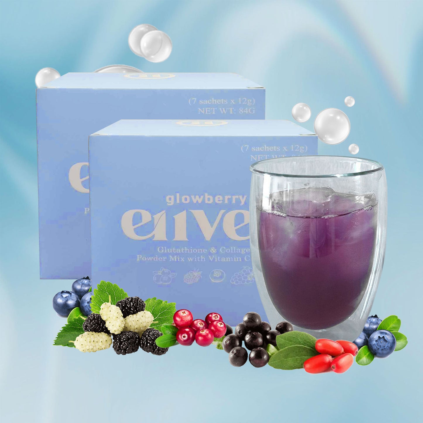E11VEN Glowberry - Beauty Drink with Berry Extracts, Collagen, Opitacยญโข Glutathione. Vitamins and Minerals - 7 Sachets | 12,000mg/sachet
