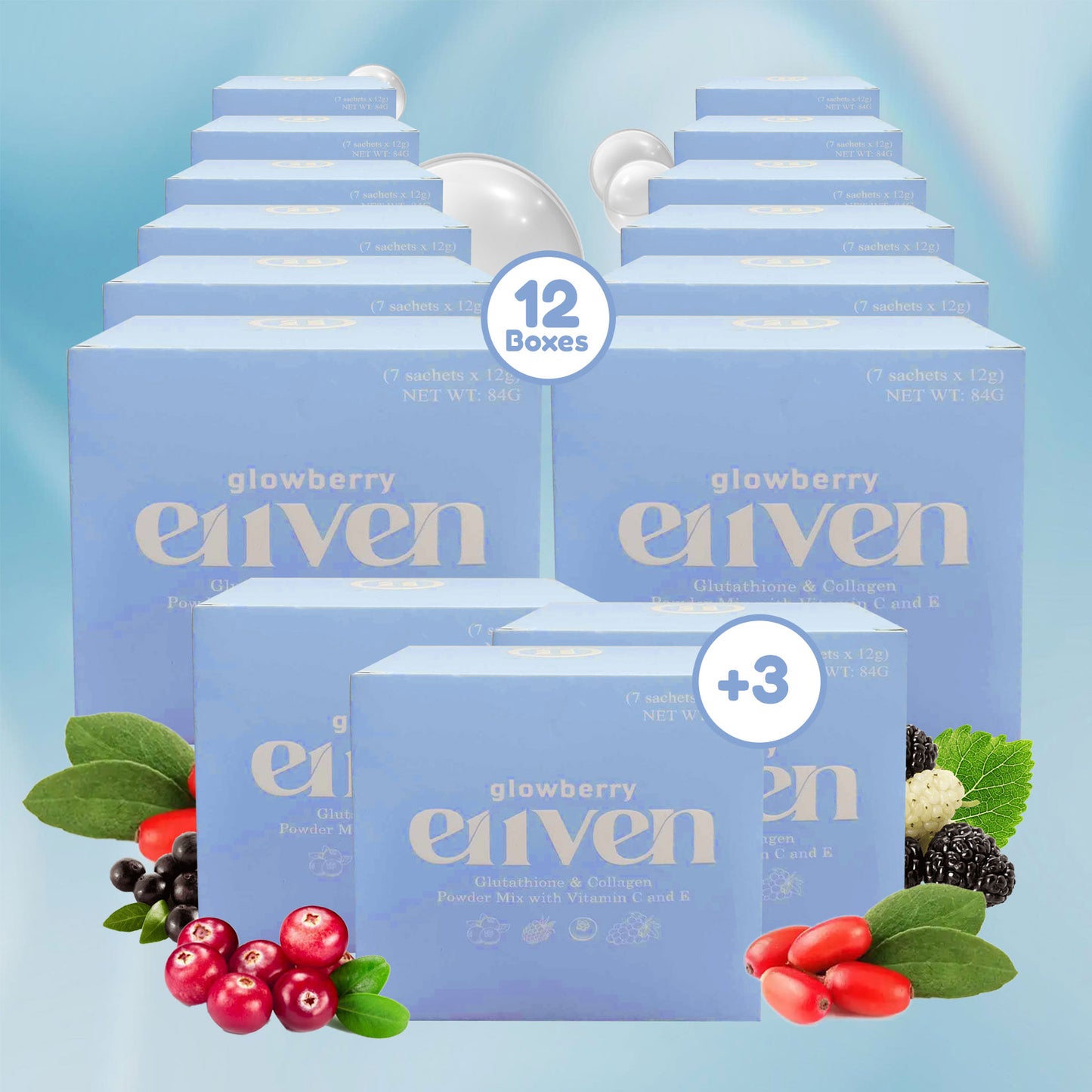 E11VEN Glowberry - Beauty Drink with Berry Extracts, Collagen, Opitacยญโข Glutathione. Vitamins and Minerals - 7 Sachets | 12,000mg/sachet