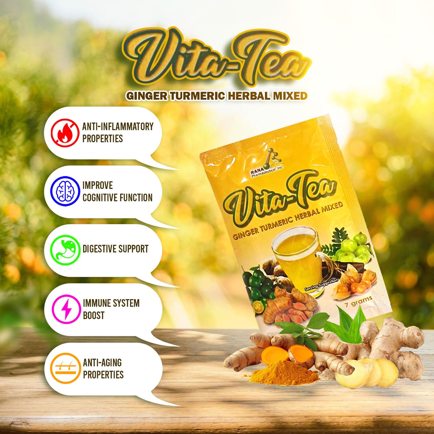 Vita-Tea Golden Berry, Turmeric, Amla, Ginger, Cumin, Lemongrass, Cinnamon, Chia seeds, Calamansi Herbal Mix Drink