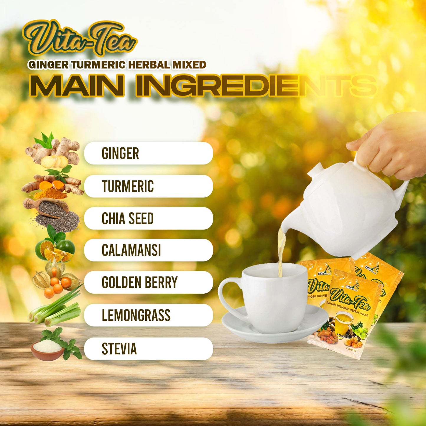 Vita-Tea Golden Berry, Turmeric, Amla, Ginger, Cumin, Lemongrass, Cinnamon, Chia seeds, Calamansi Herbal Mix Drink