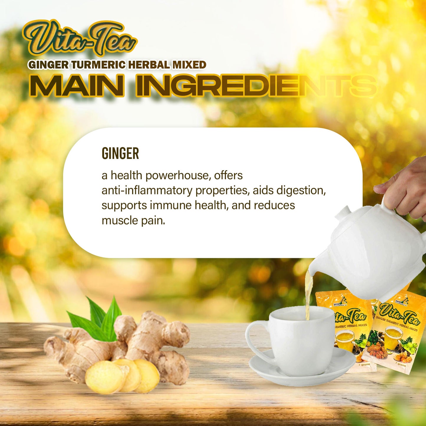 Vita-Tea Golden Berry, Turmeric, Amla, Ginger, Cumin, Lemongrass, Cinnamon, Chia seeds, Calamansi Herbal Mix Drink